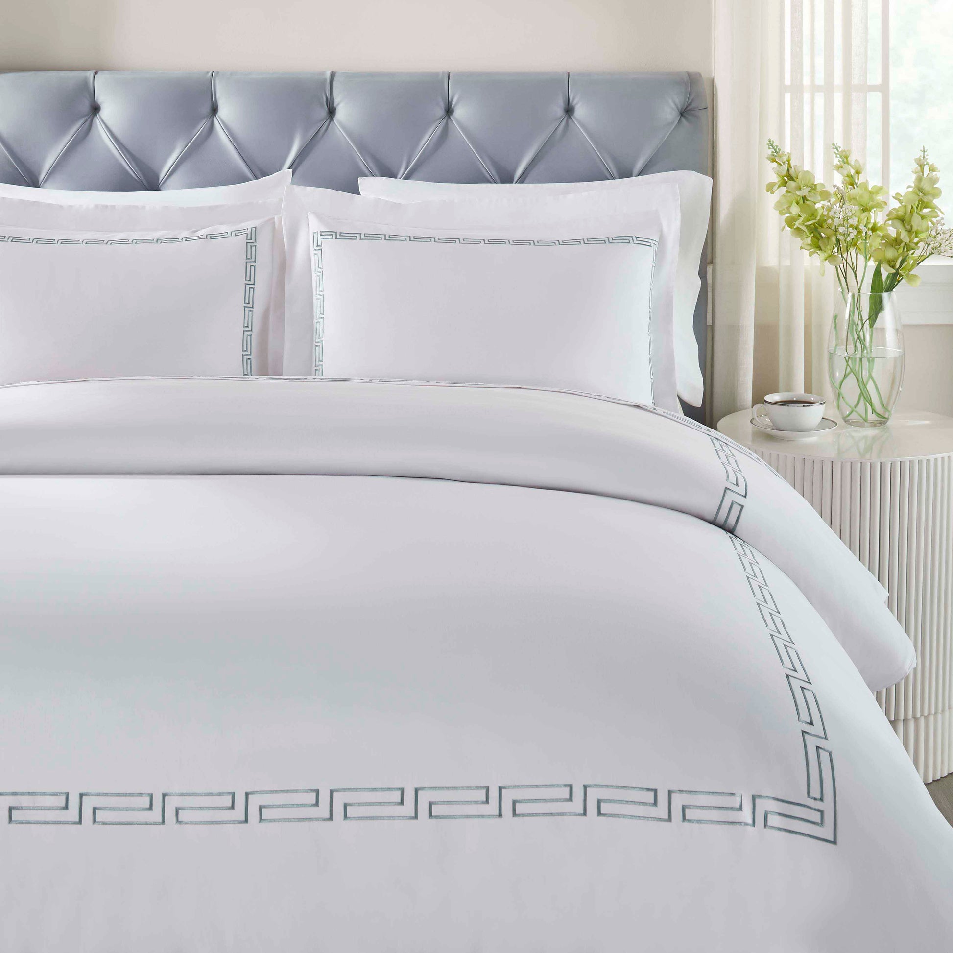 Harrison Cotton Greek Key Embroidered 3 Piece Duvet Cover Set - White