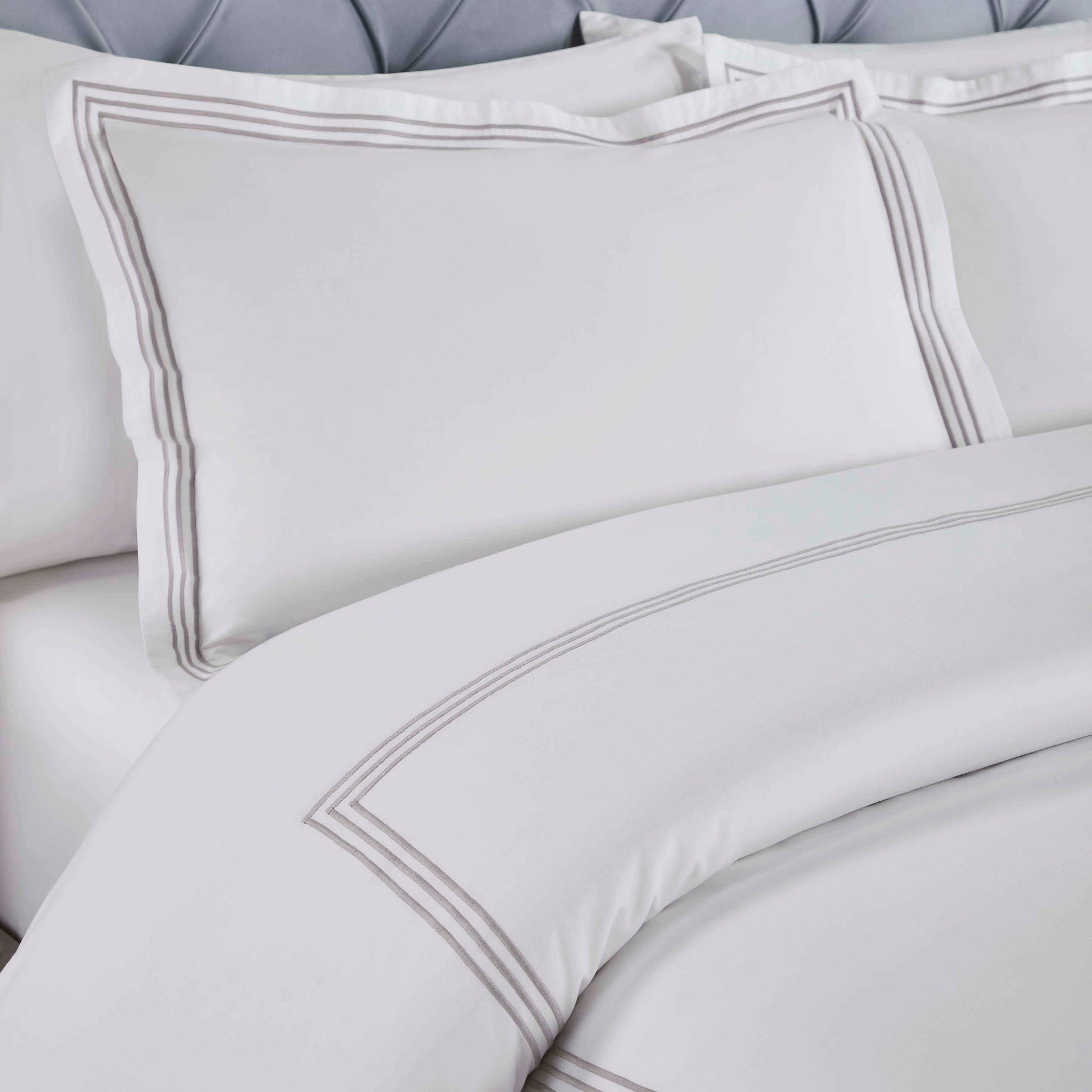 Brandon Cotton Three-Line Embroidered 3 Piece Duvet Cover Set - White