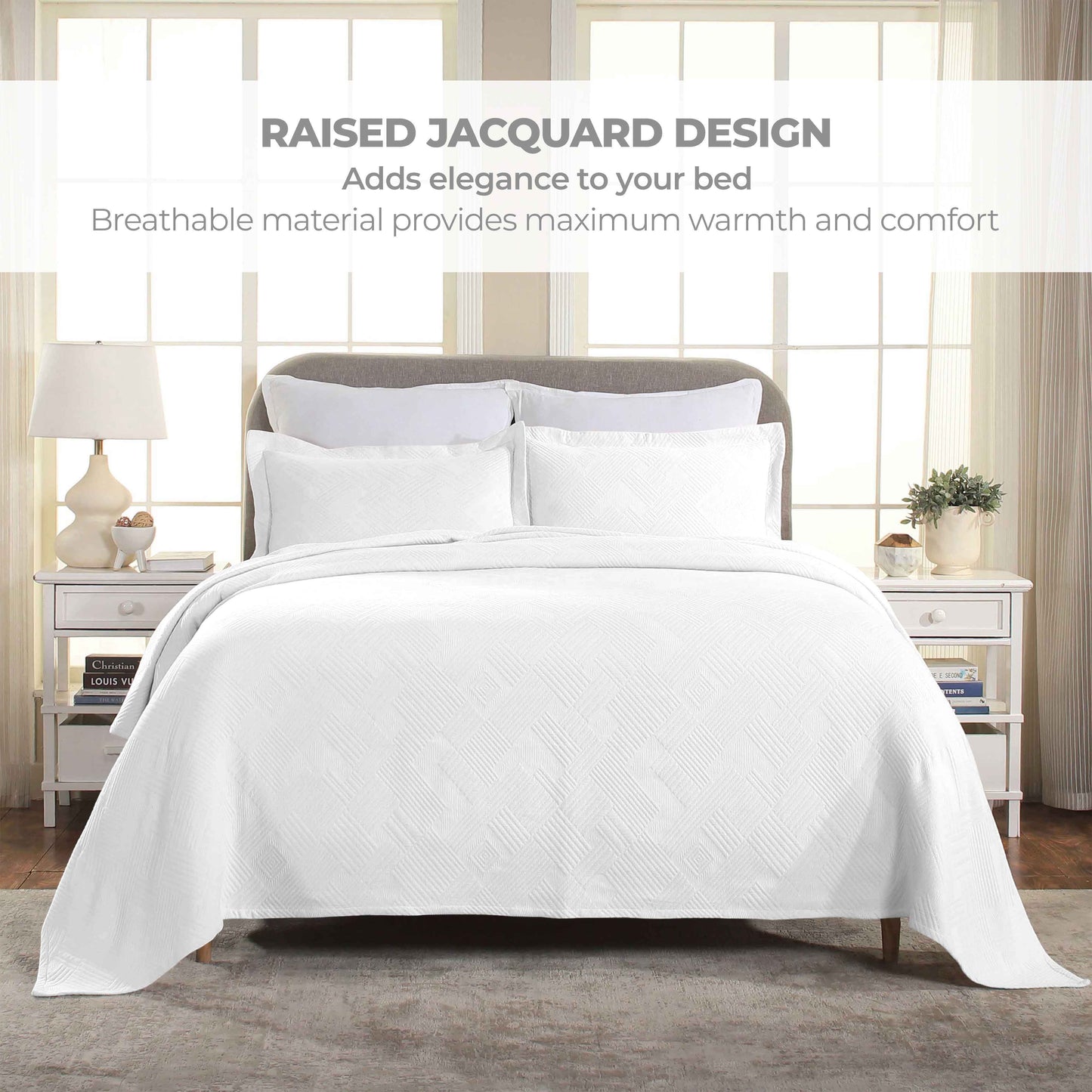 Cotton Jacquard Matelassé Scalloped Geometric Fret Bedspread Set - White