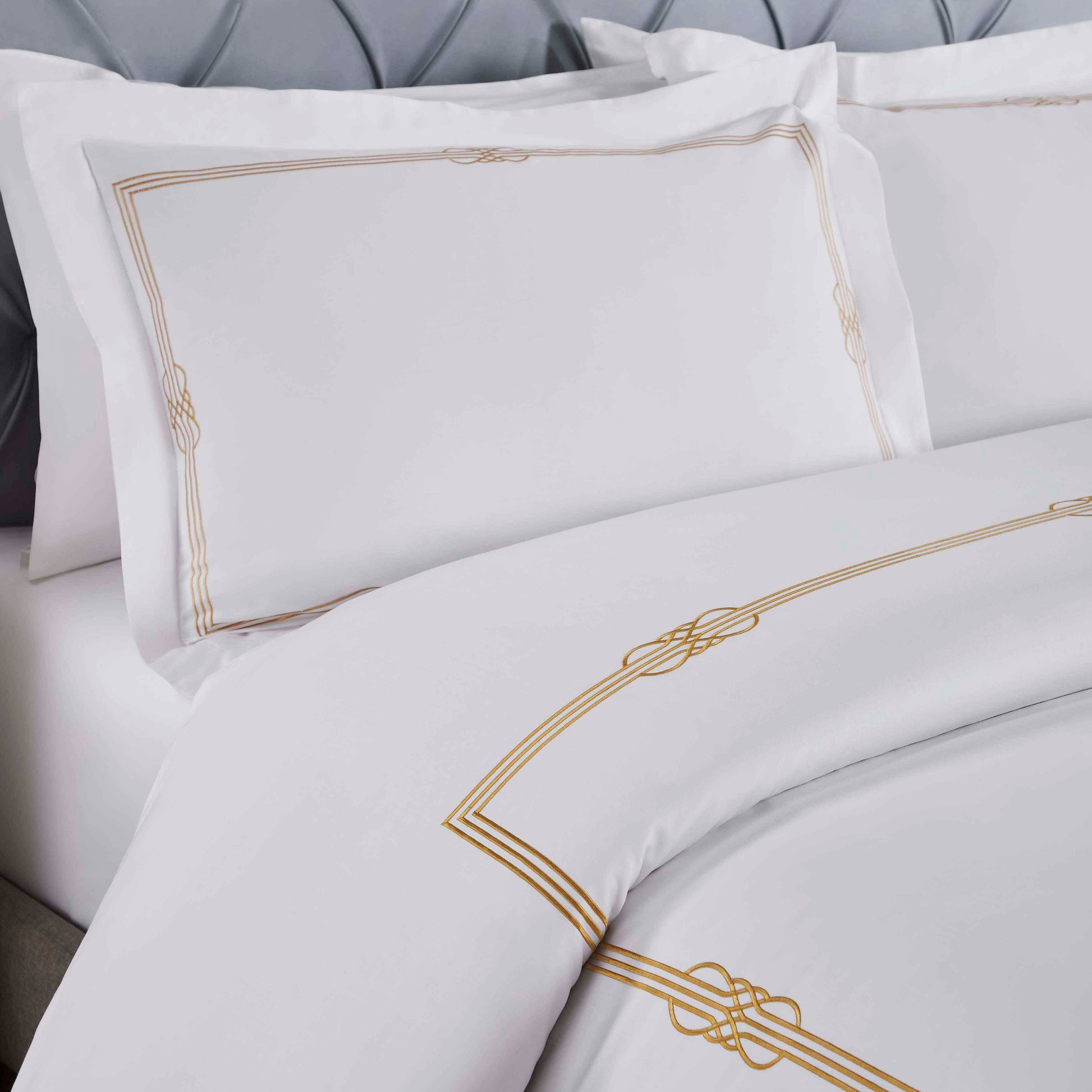 Moonlawn Cotton Gold Embroidered 3 Piece Duvet Cover Set - White-Gold