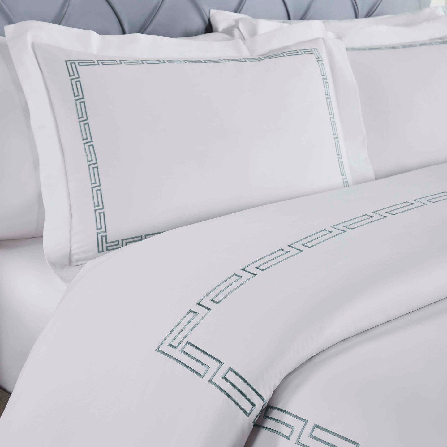 Harrison Cotton Greek Key Embroidered 3 Piece Duvet Cover Set - White