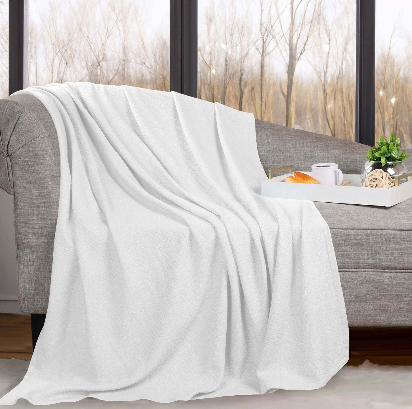 Nobel Cotton Textured Jacquard Chevron Lightweight Woven Blanket - White