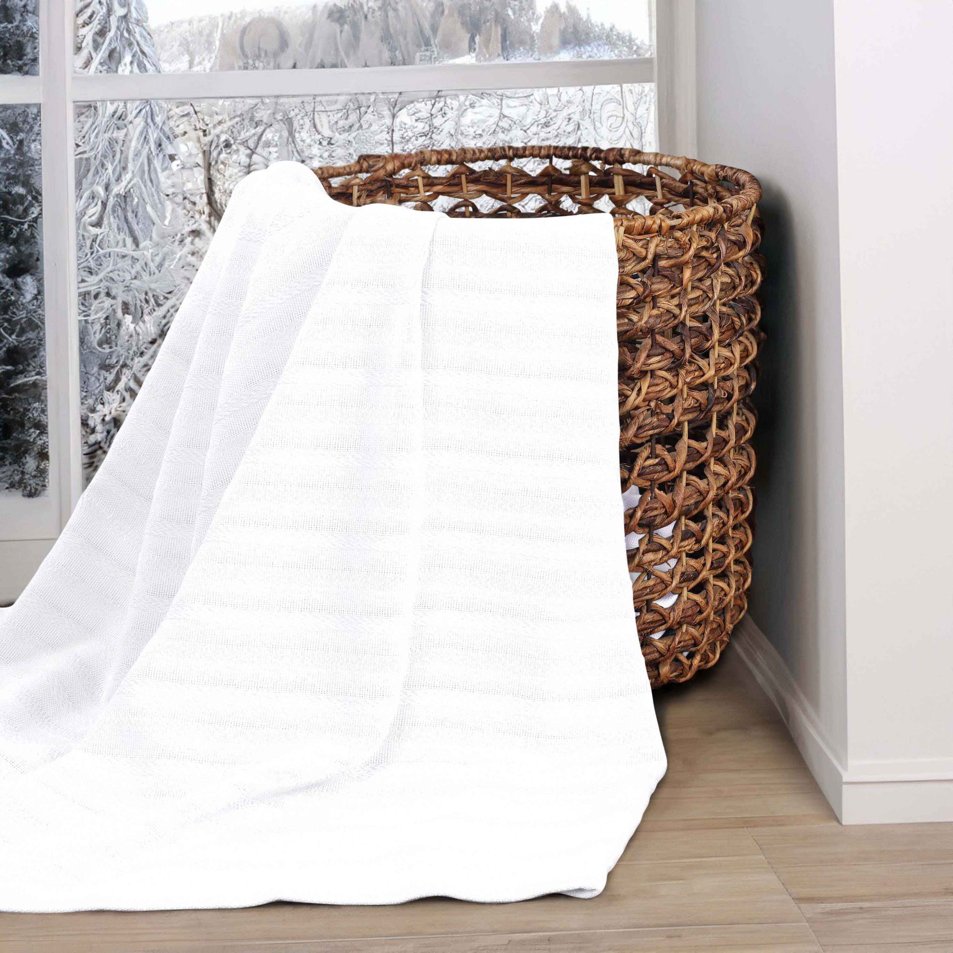 Clara Cotton Textured Jacquard Striped Lightweight Woven Blanket - White