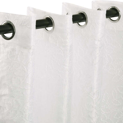 Embroidered Leaves Grommet 2 Piece Layered Sheer Curtain Panel Set - White