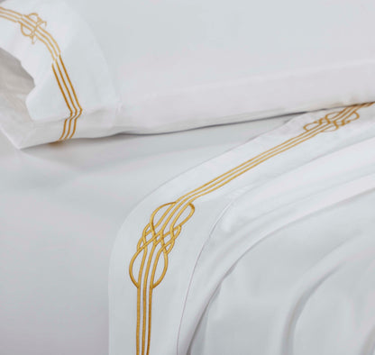 Moonlawn Cotton Gold Embroidered Deep Pocket Bed Sheet Set - White-Gold