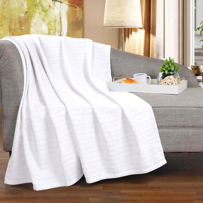 Clara Cotton Textured Jacquard Striped Lightweight Woven Blanket - White