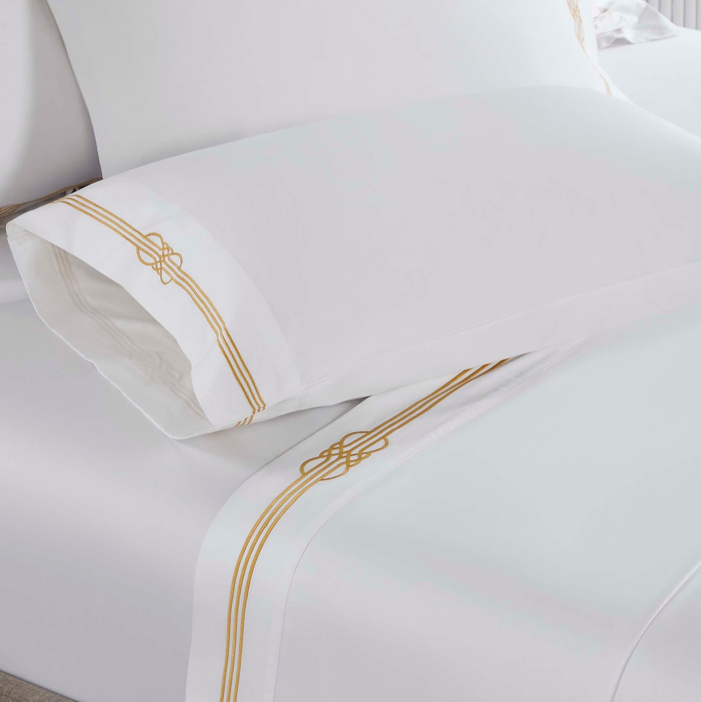 Moonlawn Cotton Gold Embroidered Deep Pocket Bed Sheet Set - White-Gold