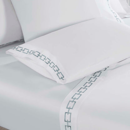 Chain Links Cotton Embroidered Deep Pocket Bed Sheet Set - White