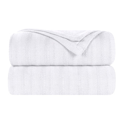 Clara Cotton Textured Jacquard Striped Lightweight Woven Blanket - White