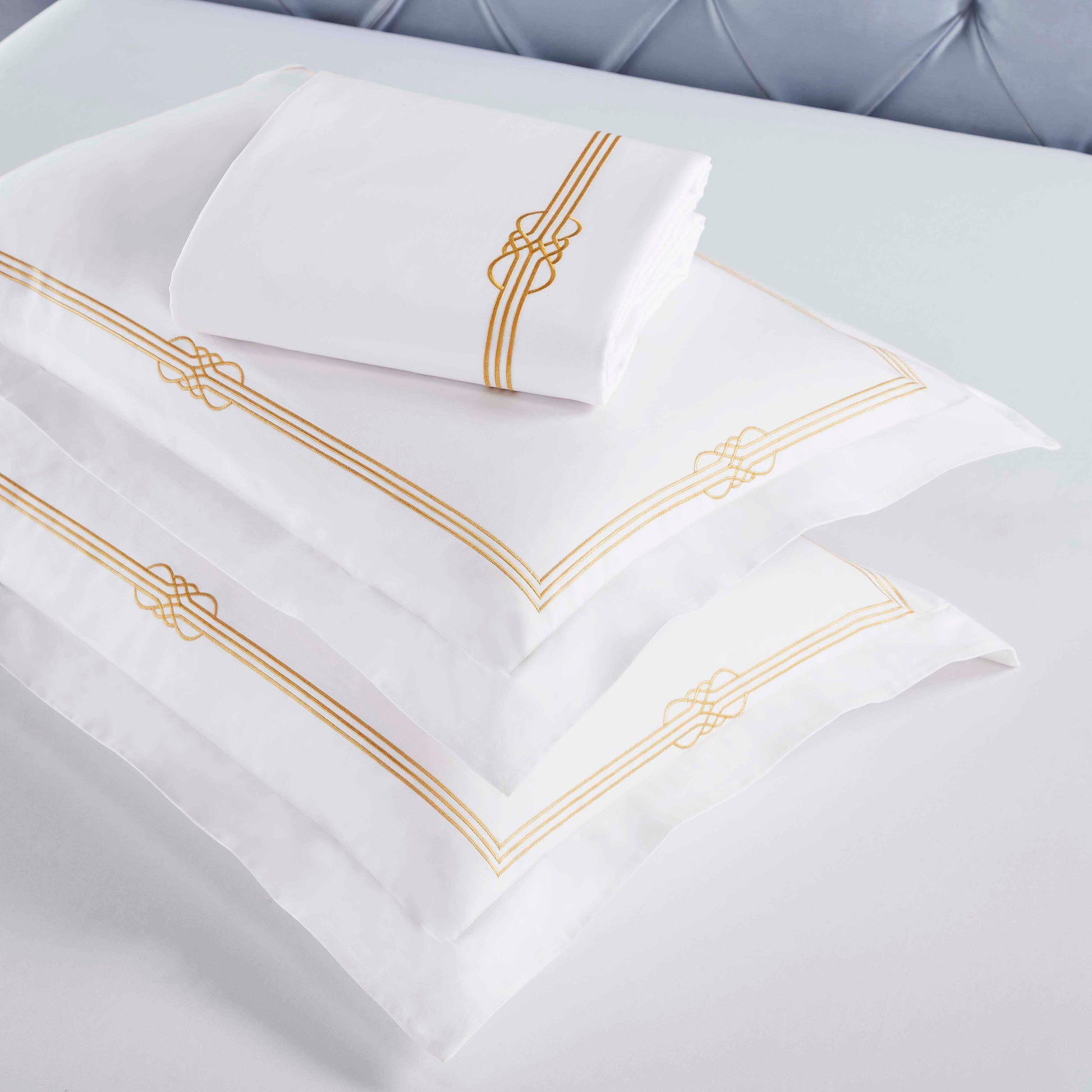 Moonlawn Cotton Gold Embroidered 3 Piece Duvet Cover Set - White-Gold