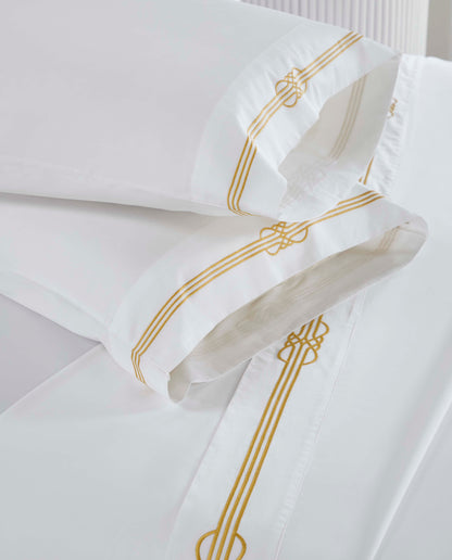 Moonlawn Cotton Gold Embroidered Deep Pocket Bed Sheet Set - White-Gold