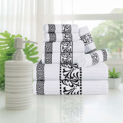 Superior Athens Cotton Greek Key Trim 8 Piece Towel Set - White-Black