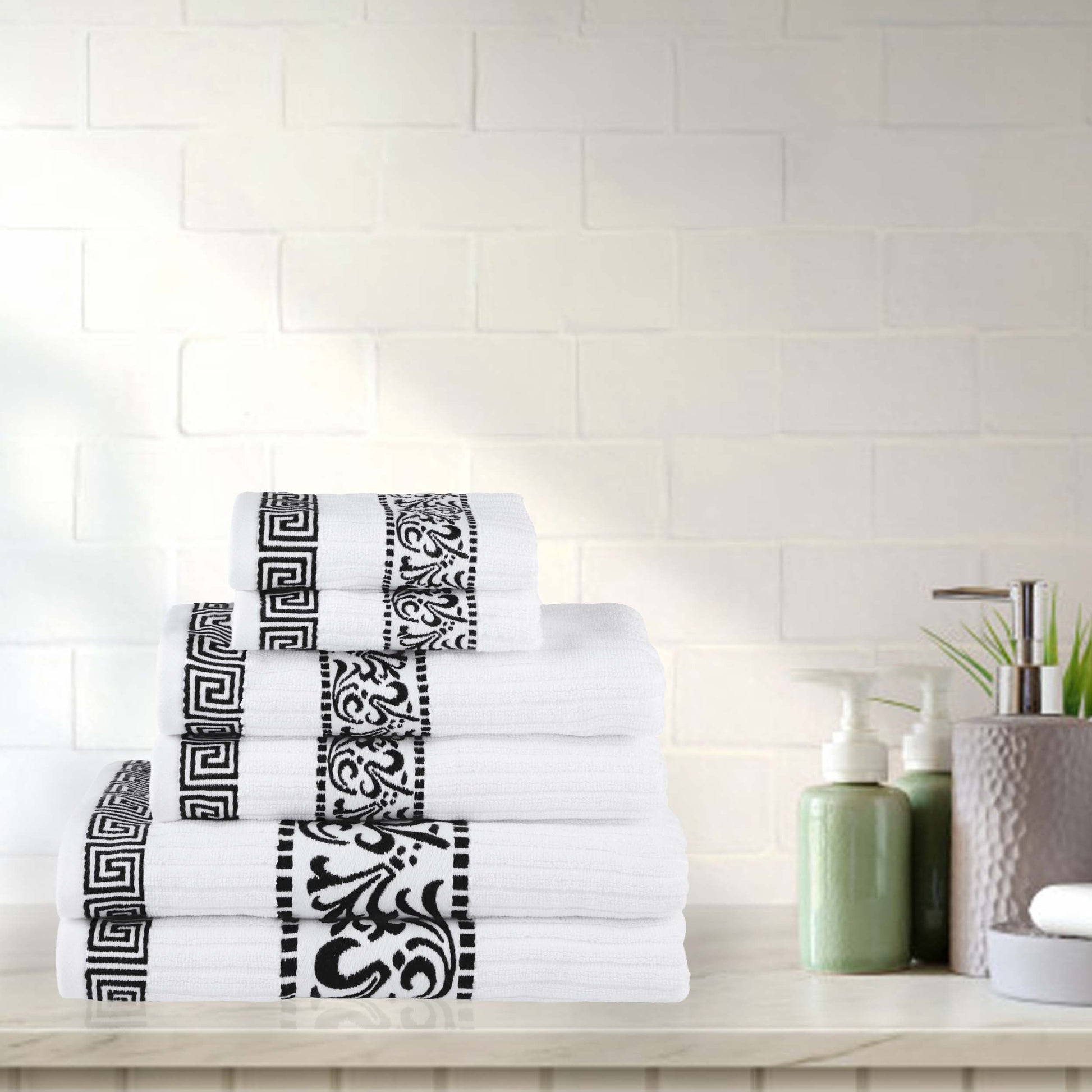 Athens Cotton Medium Weight Floral Greek Key Trim 6 Piece Towel Set - White-Black