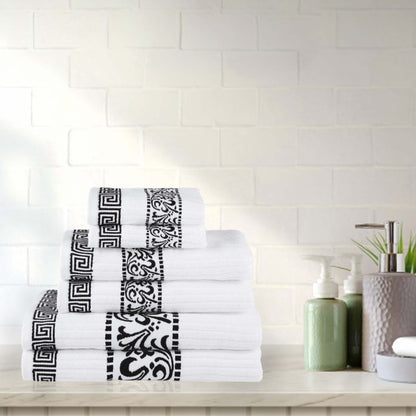 Athens Cotton Medium Weight Floral Greek Key Trim 6 Piece Towel Set - White-Black