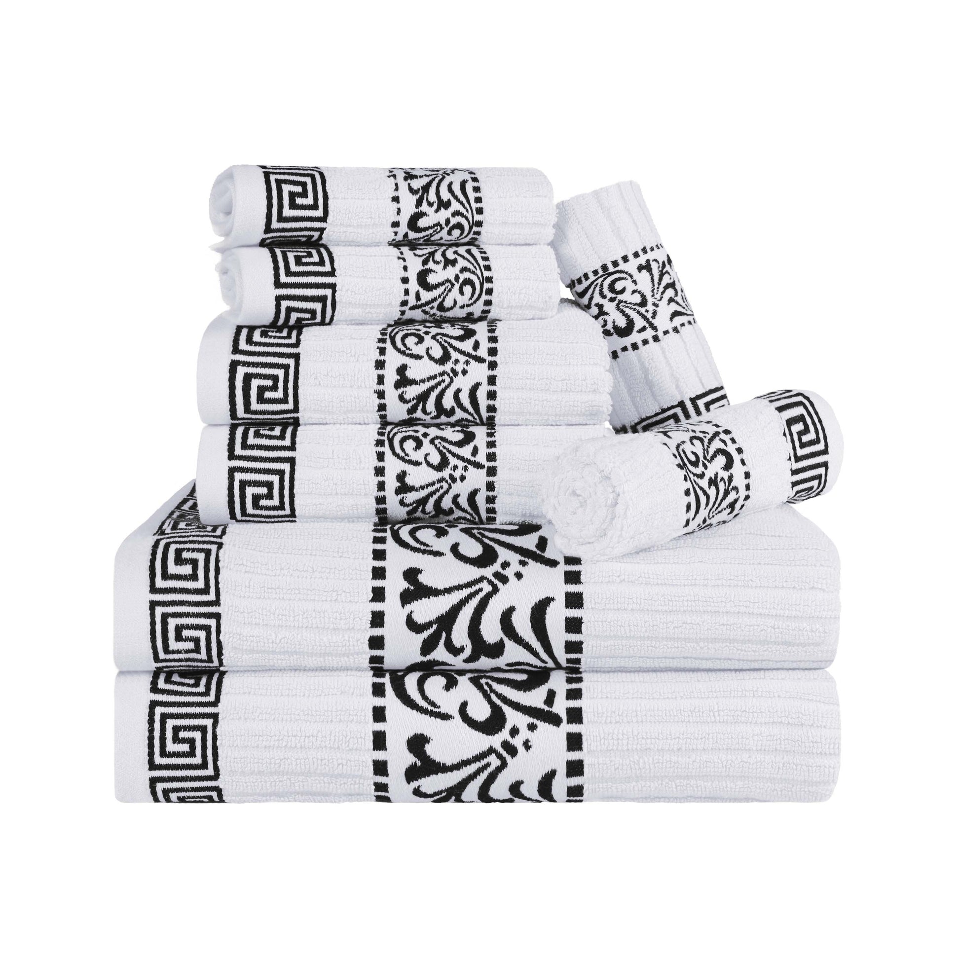 Superior Athens Cotton Greek Key Trim 8 Piece Towel Set - White-Black