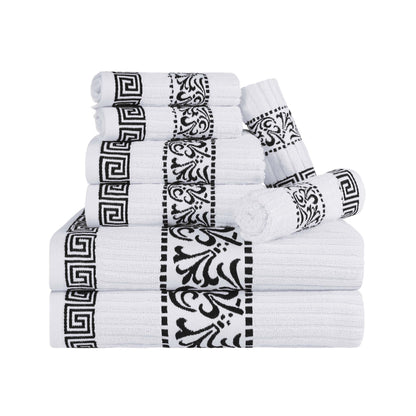 Superior Athens Cotton Greek Key Trim 8 Piece Towel Set - White-Black