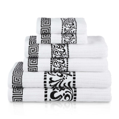 Athens Cotton Medium Weight Floral Greek Key Trim 6 Piece Towel Set - White-Black