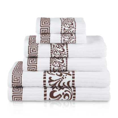 Athens Cotton Medium Weight Floral Greek Key Trim 6 Piece Towel Set - White-Chocolate