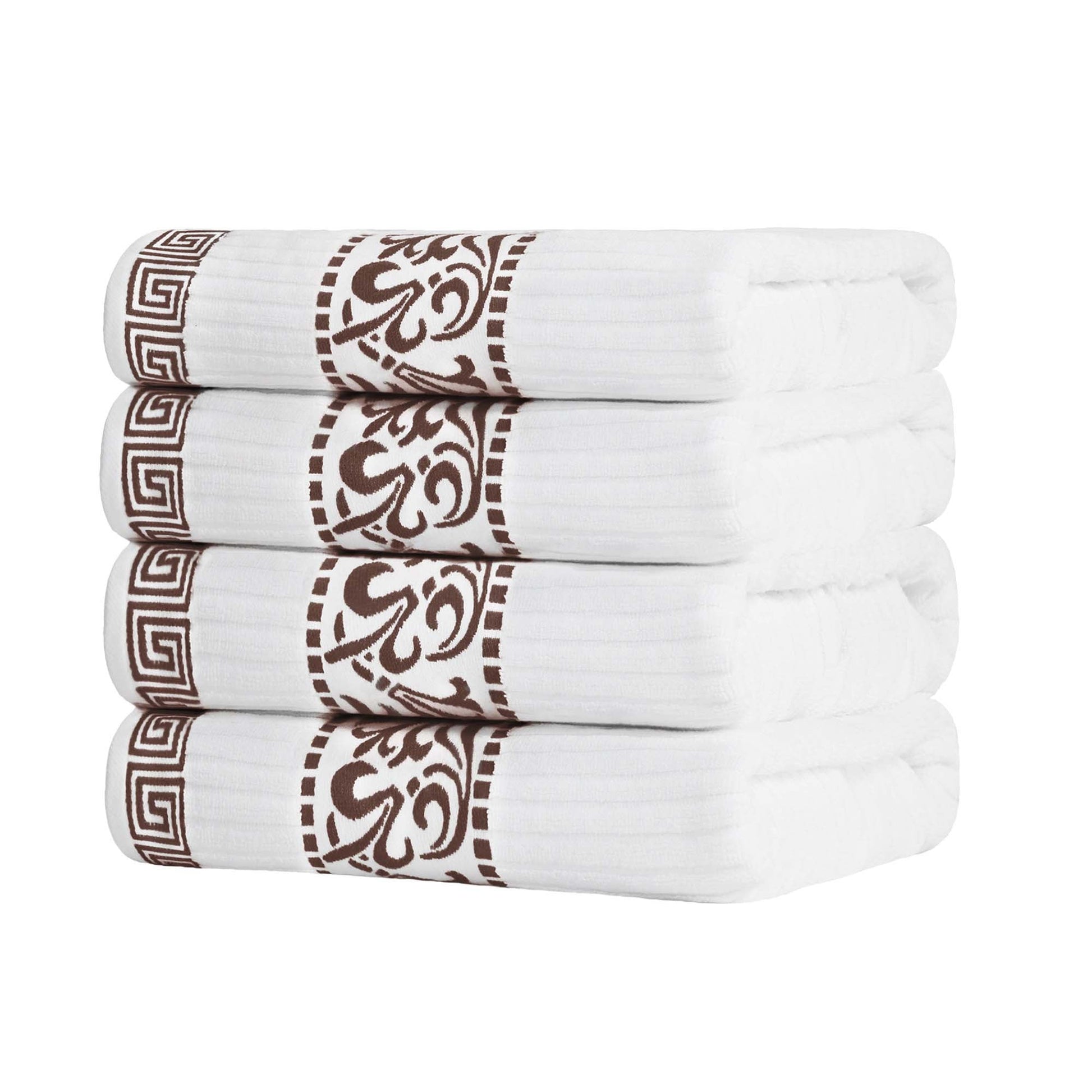 Athens Cotton Greek Key Trim Bath Towel Set of 4 - White-Chocolate