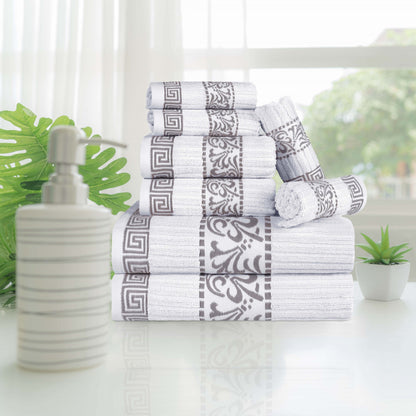 Superior Athens Cotton Greek Key Trim 8 Piece Towel Set - White-Chrome