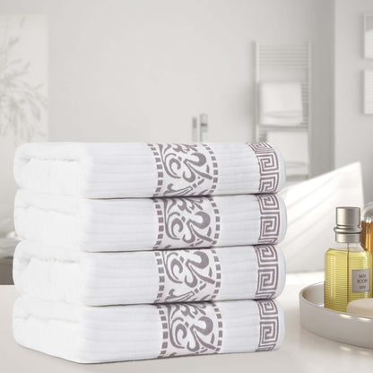 Athens Cotton Greek Key Trim Bath Towel Set of 4 - White-Chrome