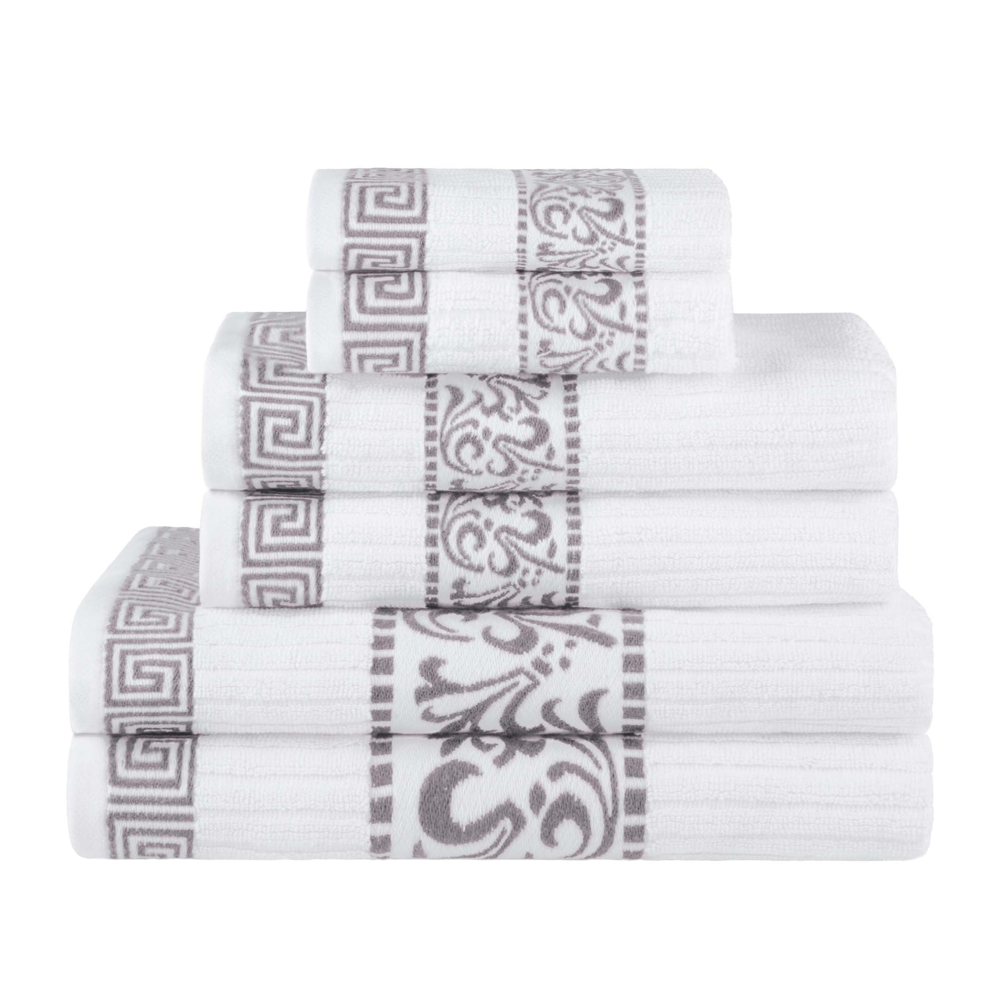 Athens Cotton Medium Weight Floral Greek Key Trim 6 Piece Towel Set - White-Chrome