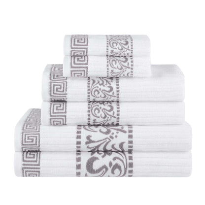 Athens Cotton Medium Weight Floral Greek Key Trim 6 Piece Towel Set - White-Chrome