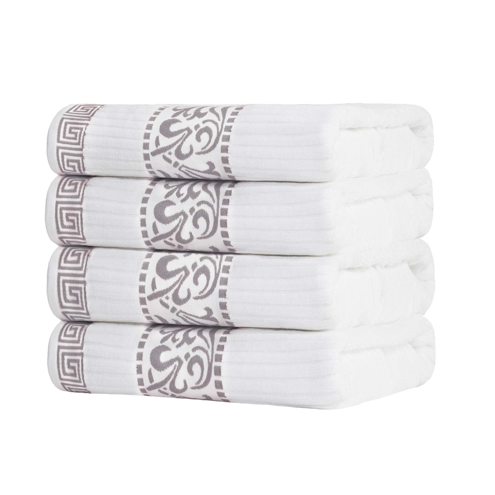 Athens Cotton Greek Key Trim Bath Towel Set of 4 - White-Chrome