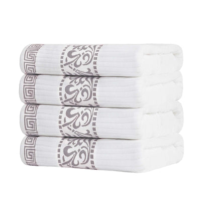 Athens Cotton Greek Key Trim Bath Towel Set of 4 - White-Chrome