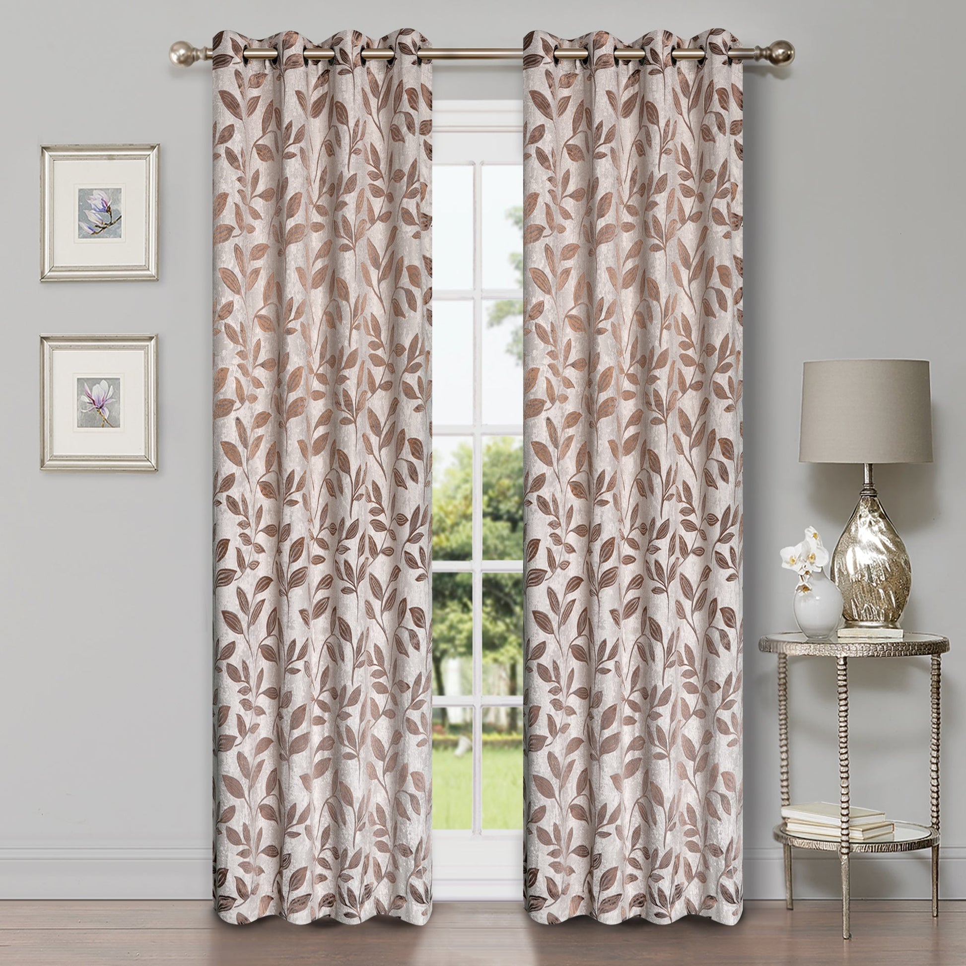 Leaves Machine Washable Room Darkening Blackout Curtains, Set of 2 - White/Copper