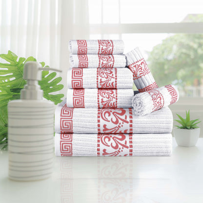 Superior Athens Cotton Greek Key Trim 8 Piece Towel Set - White-Coral