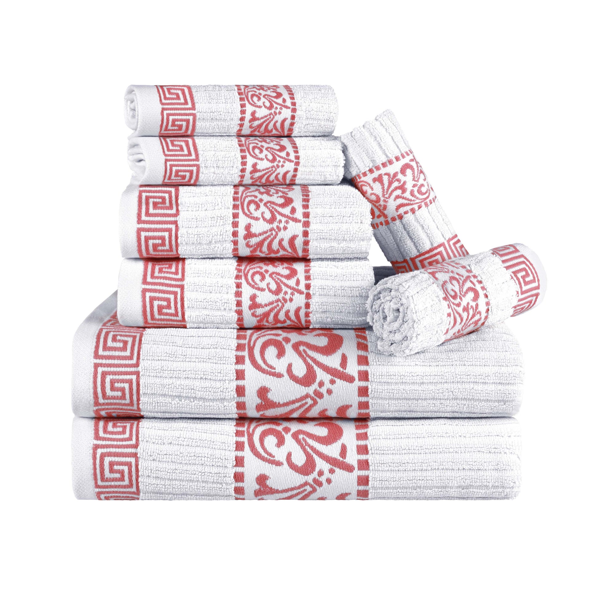 Superior Athens Cotton Greek Key Trim 8 Piece Towel Set - White-Coral