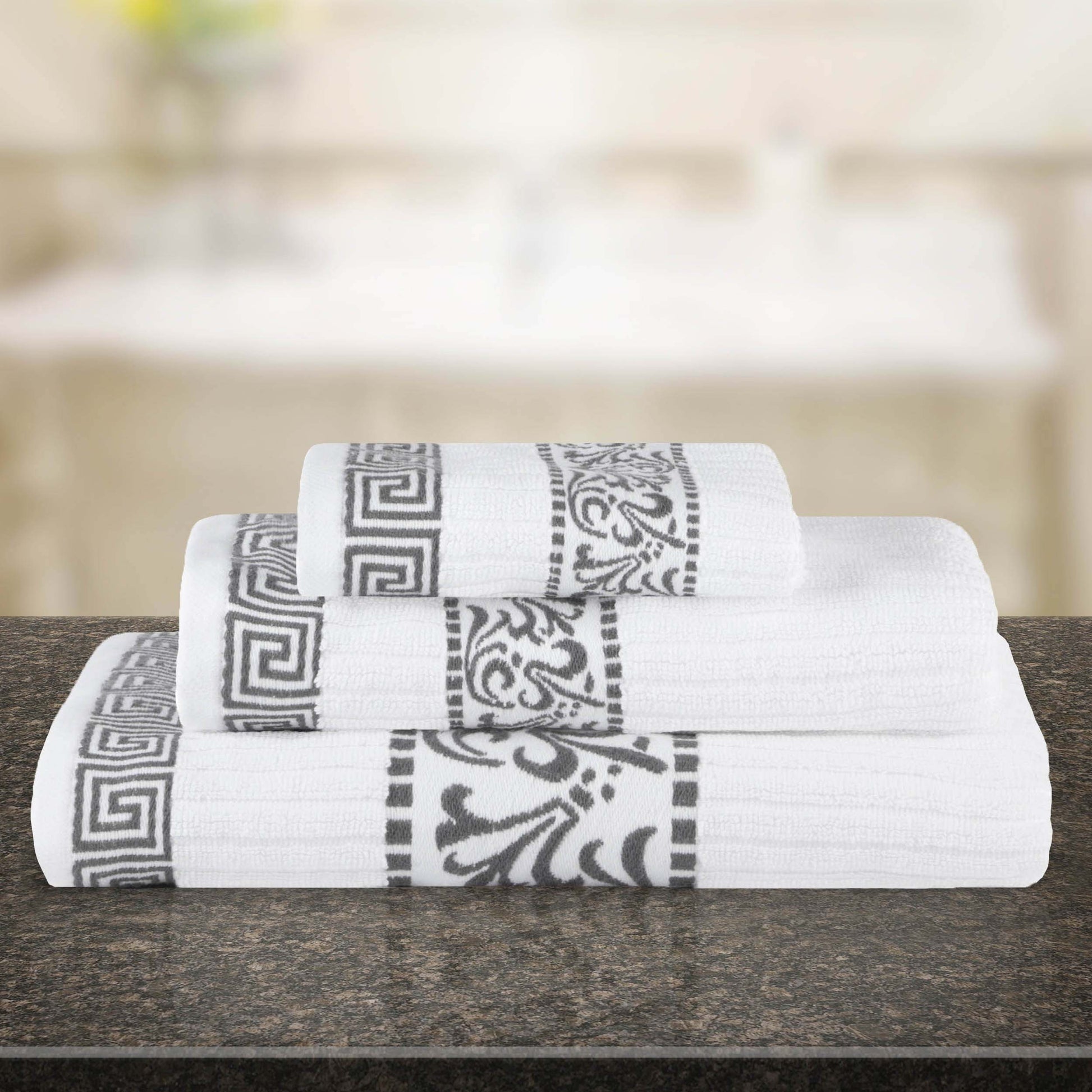 Athens Cotton Medium Weight Floral Greek Key Trim 3 Piece Towel Set - White-Gray