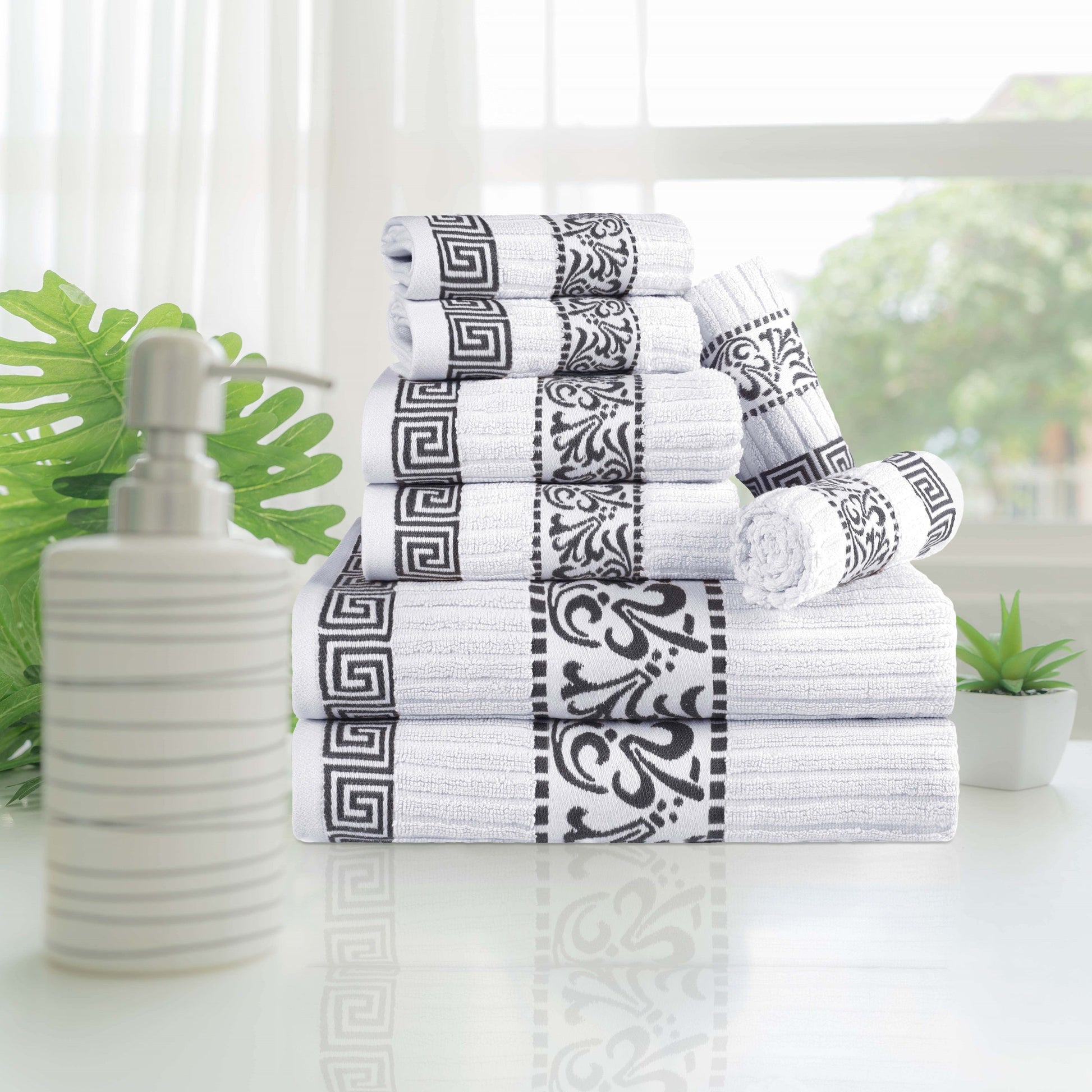 Superior Athens Cotton Greek Key Trim 8 Piece Towel Set - White-Gray