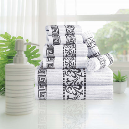Superior Athens Cotton Greek Key Trim 8 Piece Towel Set - White-Gray