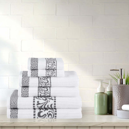 Athens Cotton Medium Weight Floral Greek Key Trim 6 Piece Towel Set - White-Gray