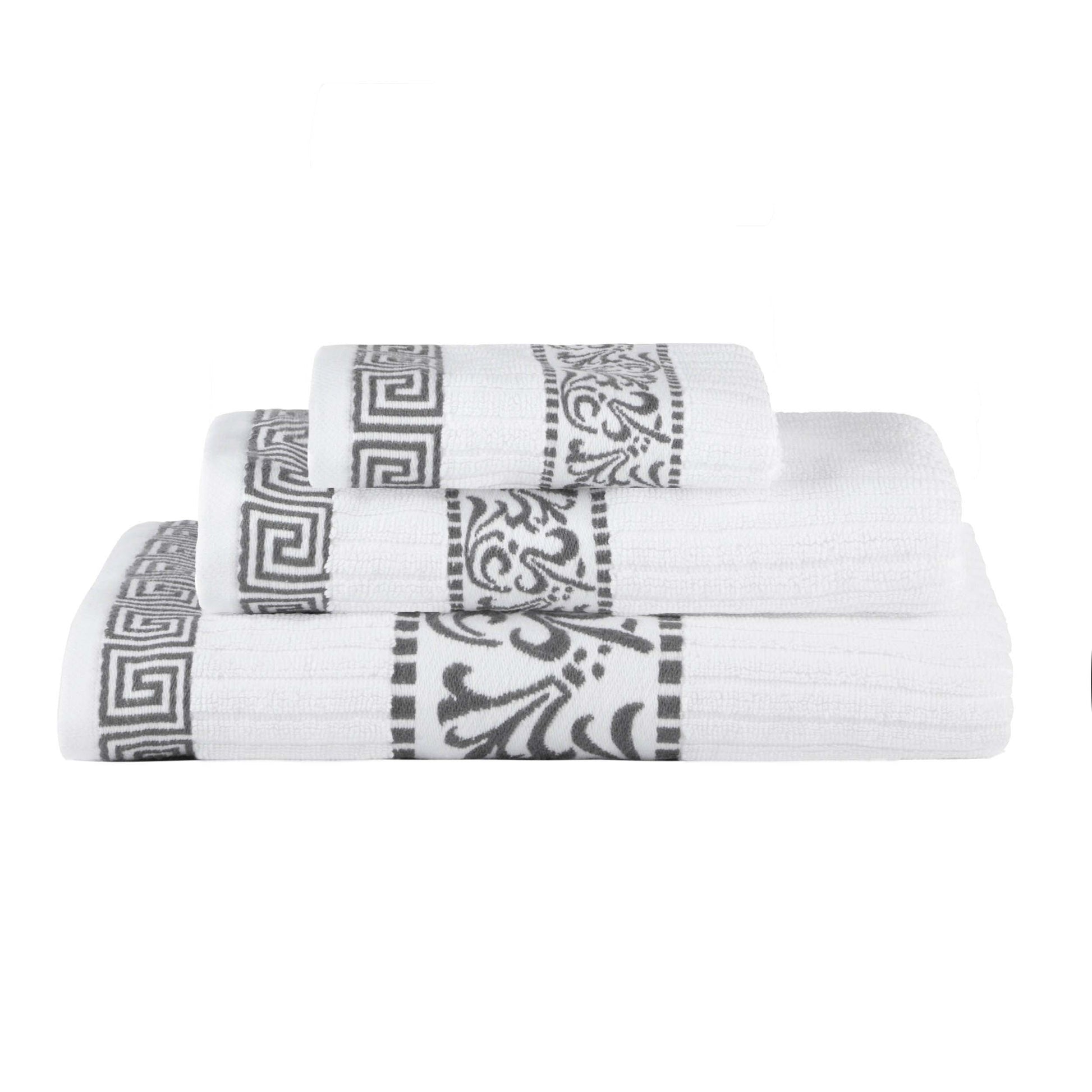 Athens Cotton Medium Weight Floral Greek Key Trim 3 Piece Towel Set - White-Gray