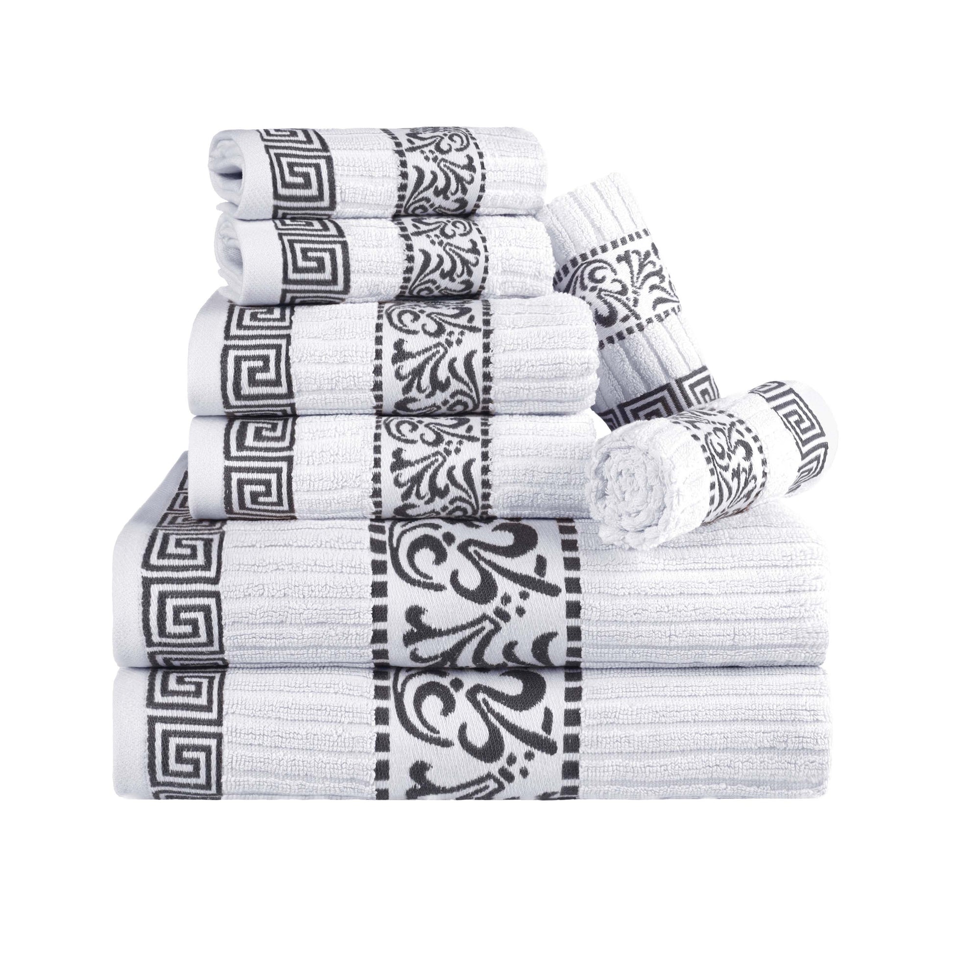 Superior Athens Cotton Greek Key Trim 8 Piece Towel Set - White-Gray