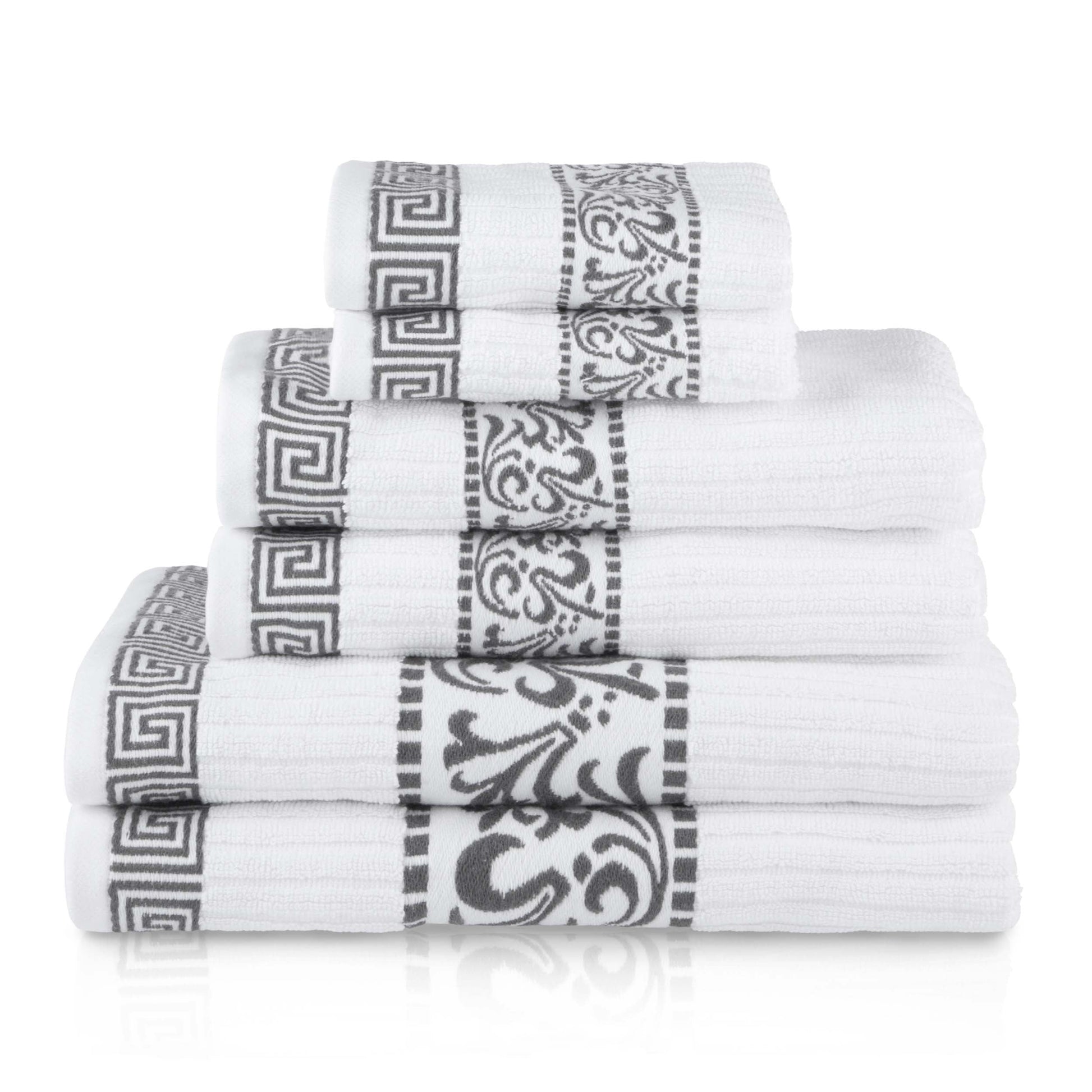 Athens Cotton Medium Weight Floral Greek Key Trim 6 Piece Towel Set - White-Gray