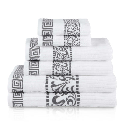 Athens Cotton Medium Weight Floral Greek Key Trim 6 Piece Towel Set - White-Gray