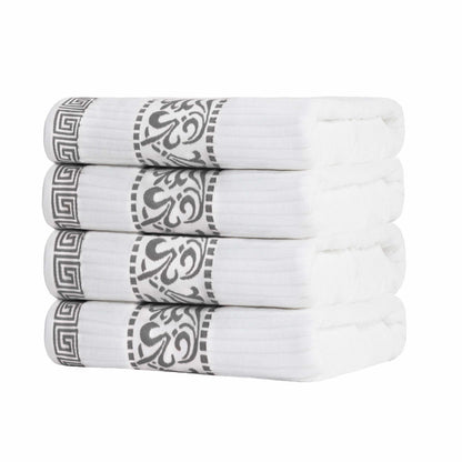Athens Cotton Greek Key Trim Bath Towel Set of 4 - White-Gray