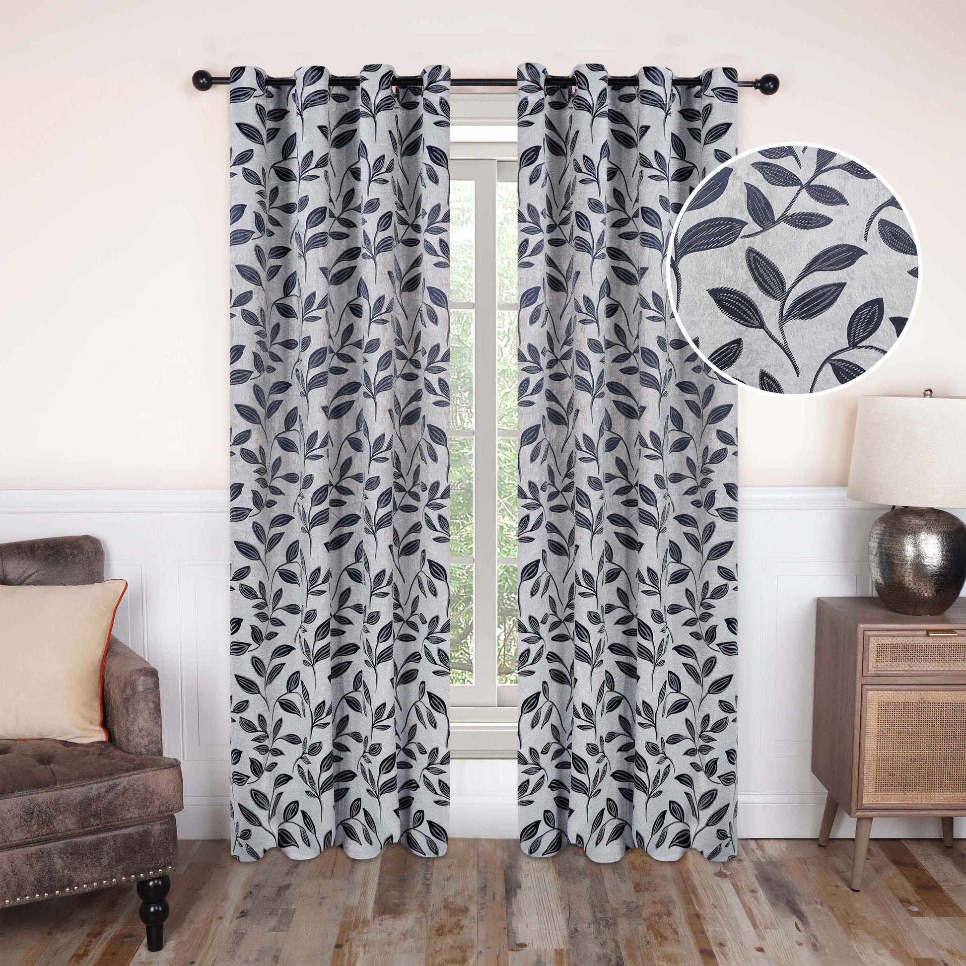 Leaves Machine Washable Room Darkening Blackout Curtains, Set of 2 - White/NavyBlue