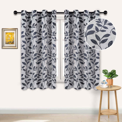 Leaves Machine Washable Room Darkening Blackout Curtains, Set of 2 - White/NavyBlue