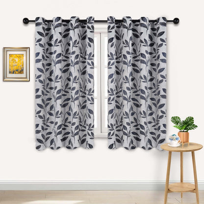 Leaves Machine Washable Room Darkening Blackout Curtains, Set of 2 - White/NavyBlue