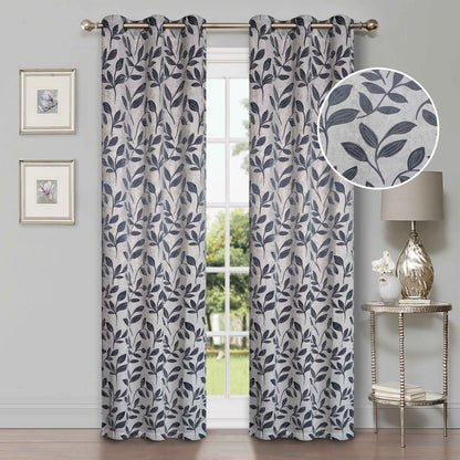 Leaves Machine Washable Room Darkening Blackout Curtains, Set of 2 - White/NavyBlue