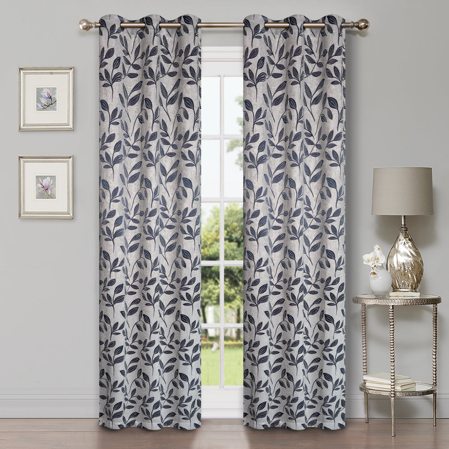 Leaves Machine Washable Room Darkening Blackout Curtains, Set of 2 - White/NavyBlue