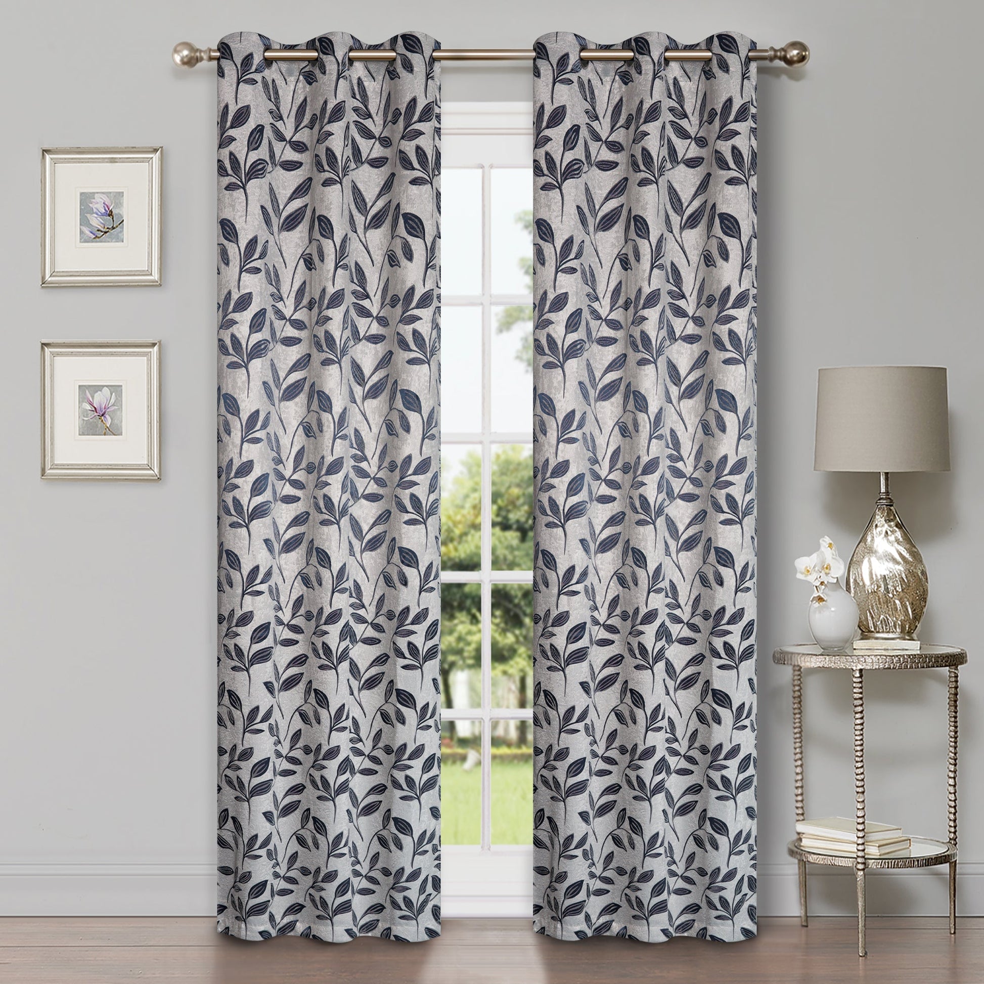 Leaves Machine Washable Room Darkening Blackout Curtains, Set of 2 - White/NavyBlue