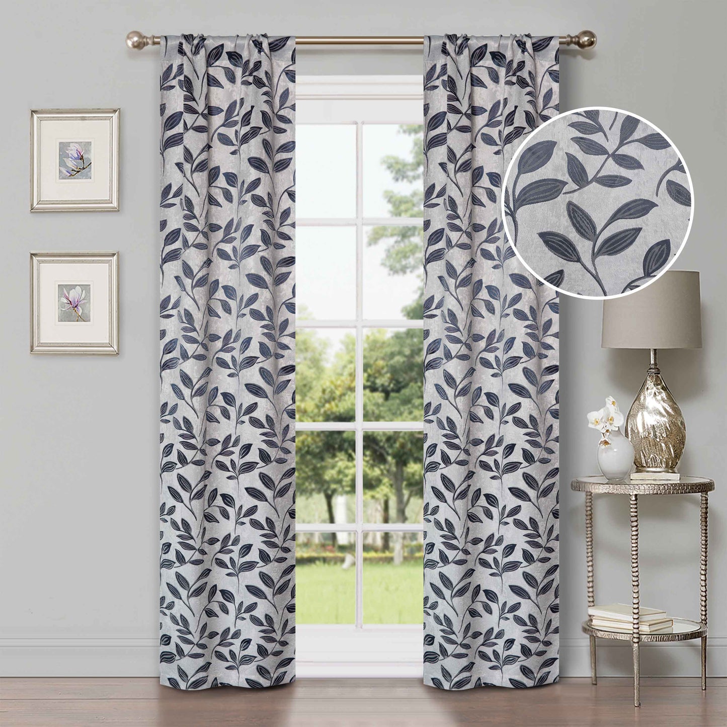 Leaves Machine Washable Room Darkening Blackout Curtains, Set of 2 - White/NavyBlue