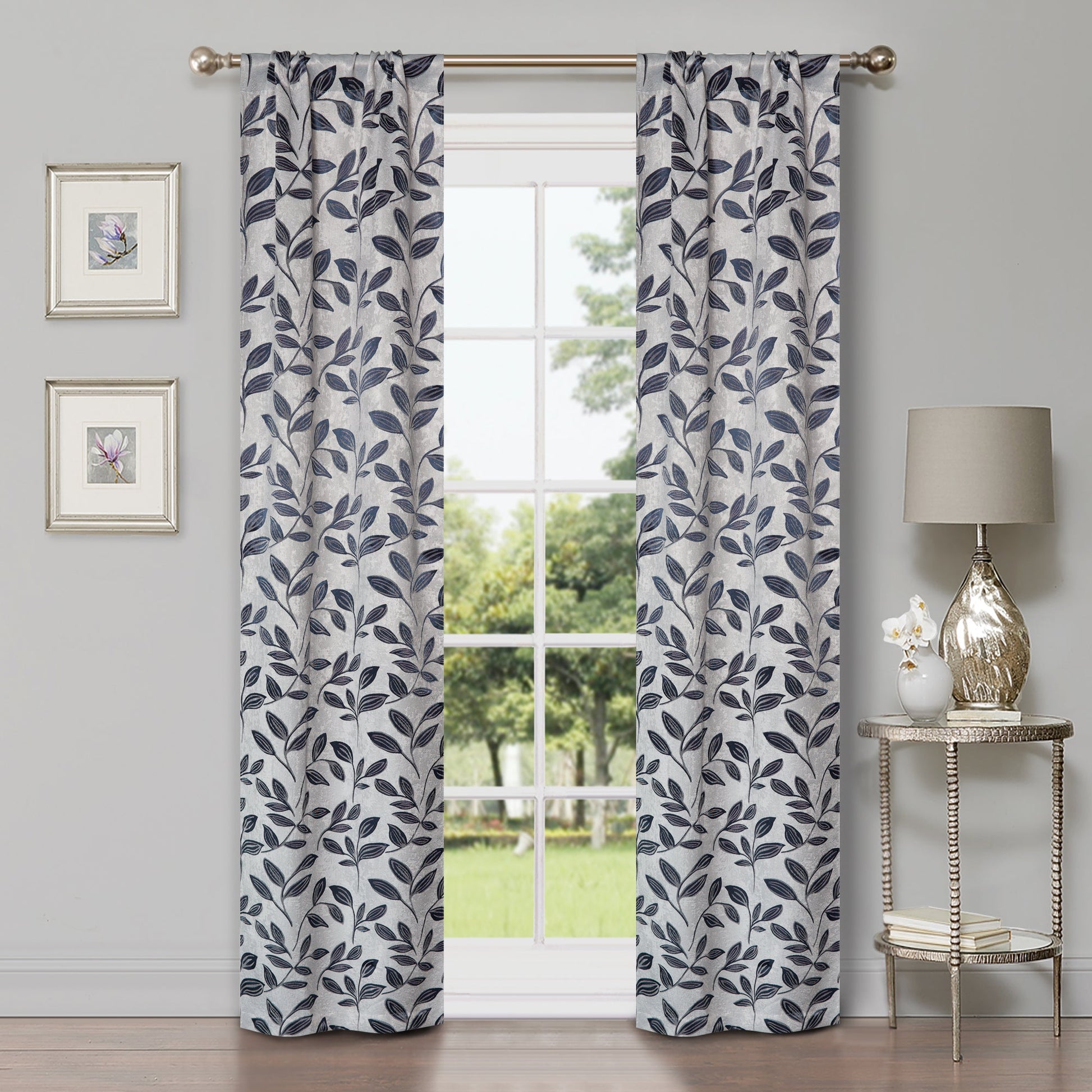 Leaves Machine Washable Room Darkening Blackout Curtains, Set of 2 - White/NavyBlue