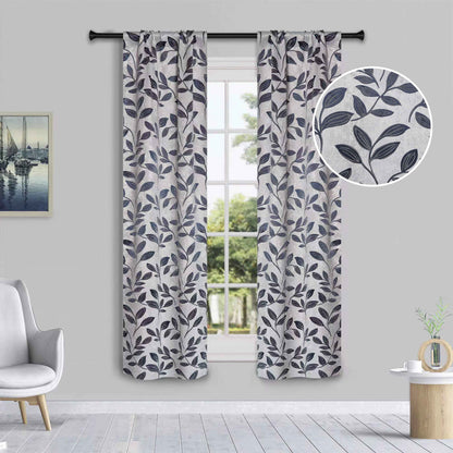 Leaves Machine Washable Room Darkening Blackout Curtains, Set of 2 - White/NavyBlue